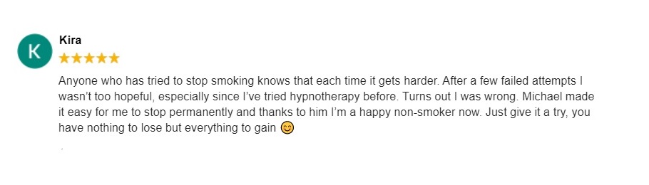 Client testimonial about quitting smoking through hypnotherapy